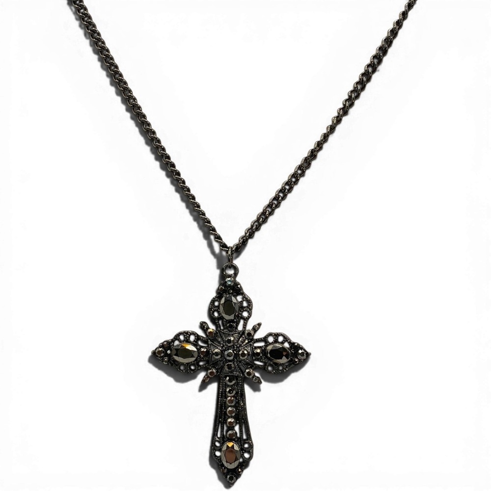 Gunmetal Hematite‎ Rhinestone Ornate Cross Pendant Necklace Gothic Victorian